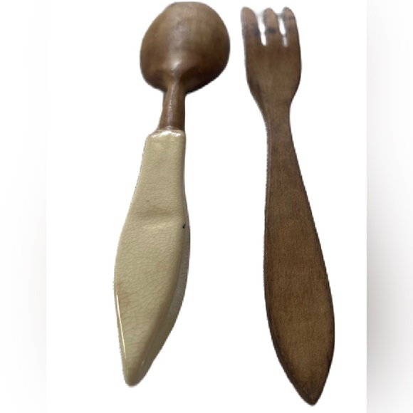 Vintage Serving Set WOOD AND CERAMIC  ROOSTER SPOON AND FORK Salad SET VINTAGE - Picture 2 of 6